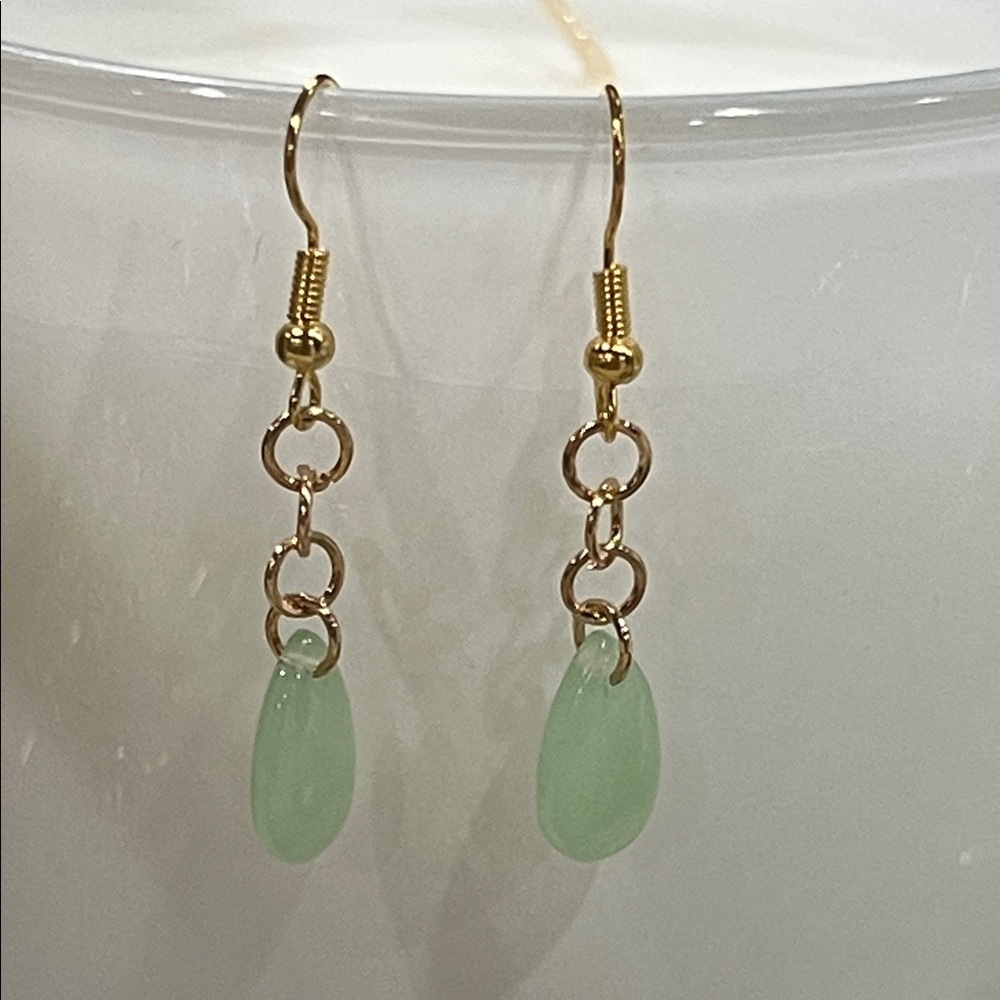 Green Jade Drop Earrings Gold Tone | Minimalist Dainty Stone Jewelry